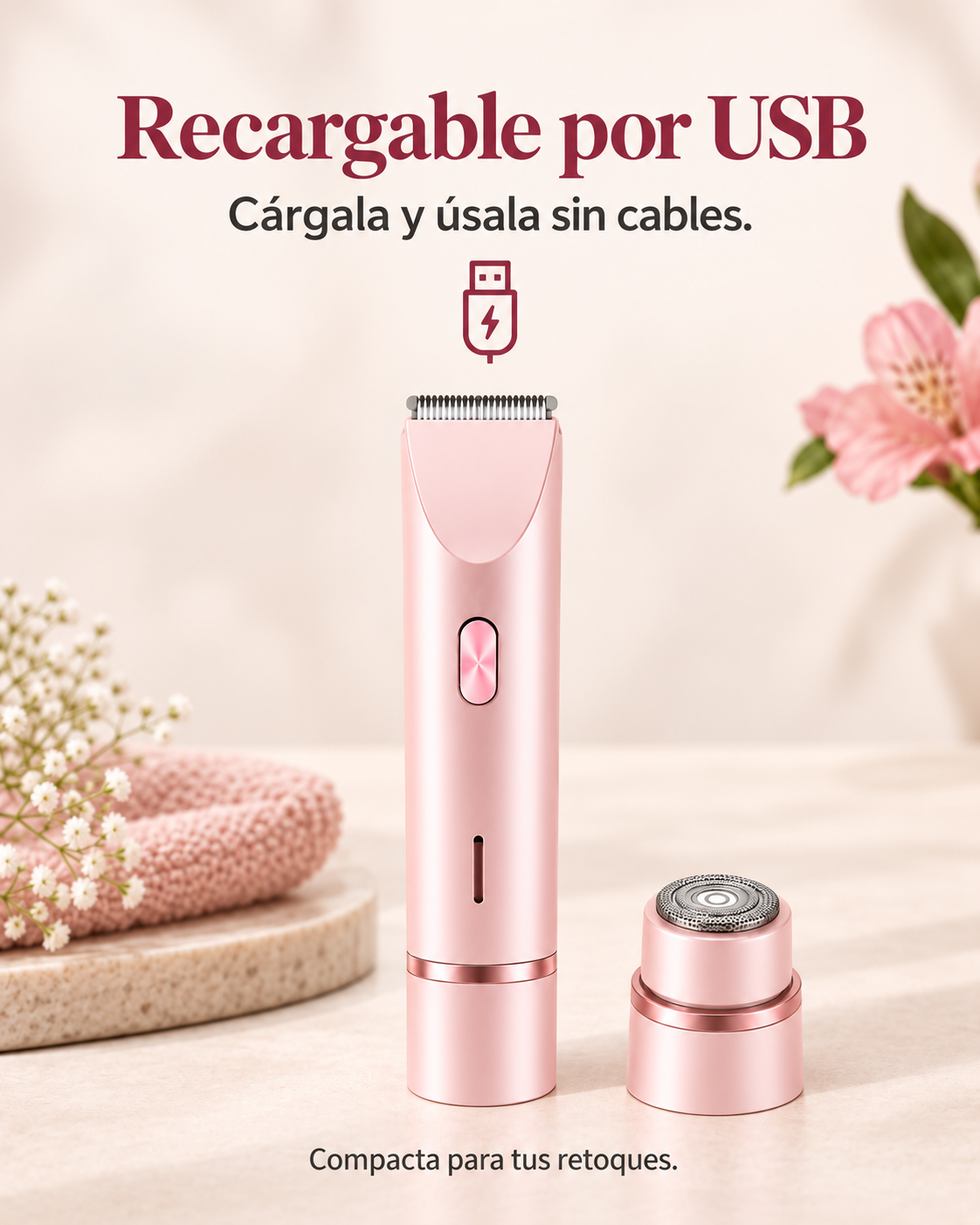 Rasuradora recargable por USB para usar sin cables una vez cargada.